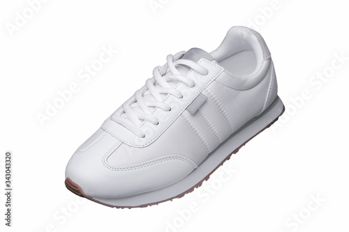 Sport shoes. White sneaker made of fabric with leather accents.
