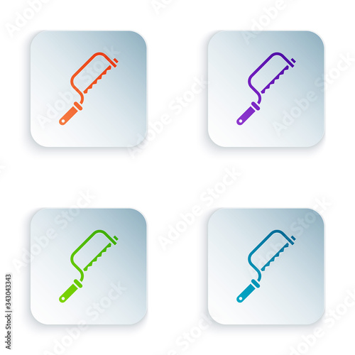 Color Hacksaw icon isolated on white background. Metal saw for wood and metal. Set colorful icons in square buttons. Vector Illustration