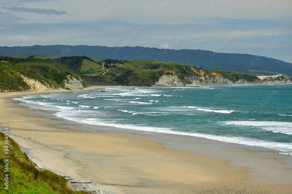 Where the Anatori river flows into the ocean. New Zealand, South Island. Where the Anatori river flows into the ocean. New Zealand, South Island.