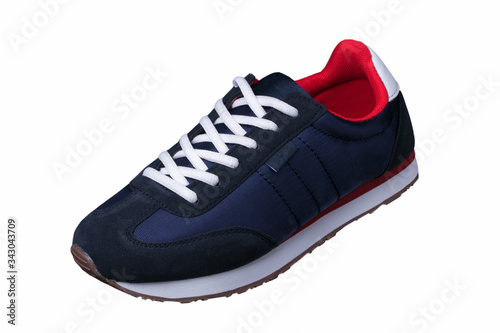 Sport shoes. Blue sneaker with white laces.