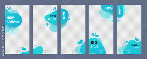 Social stories template. Set with blue liquid abstract funky design for business stories, photographer, blogger. Social media pack template for discount and special offer.Social stories template. Set
