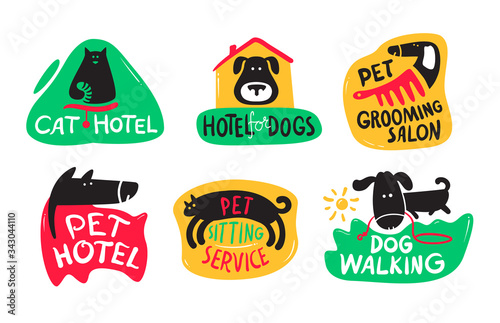 Pets Hotel, Cats and Dogs Grooming, Sitting and Walking Service Icons or Banners Set. Hospitality for Domestic Animals Posters Simple Design. Puppies and Kittens Daycare. Cartoon Vector Illustration