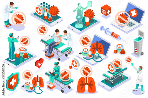 Coronavirus disease COVID-19 infection, medical collection icon set. Medical risk for pandemic Coronavirus virus, pandemic corona virus named COVID-19 background vector illustration.
