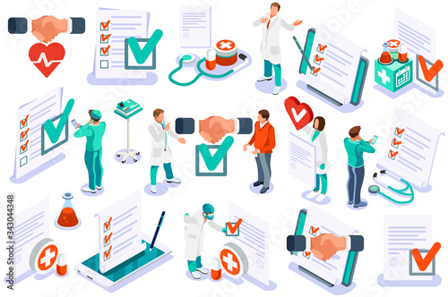 Medicine insurance security care for life. Hospital diagnosis design, health care document filling concept. Document health diagnoses medical insurance. Text and cartoon character vector illustration