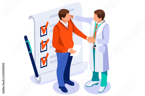 Medicine insurance security care for life. Hospital diagnosis design, health care document filling concept. Document health diagnoses medical insurance. Text and cartoon character vector illustration