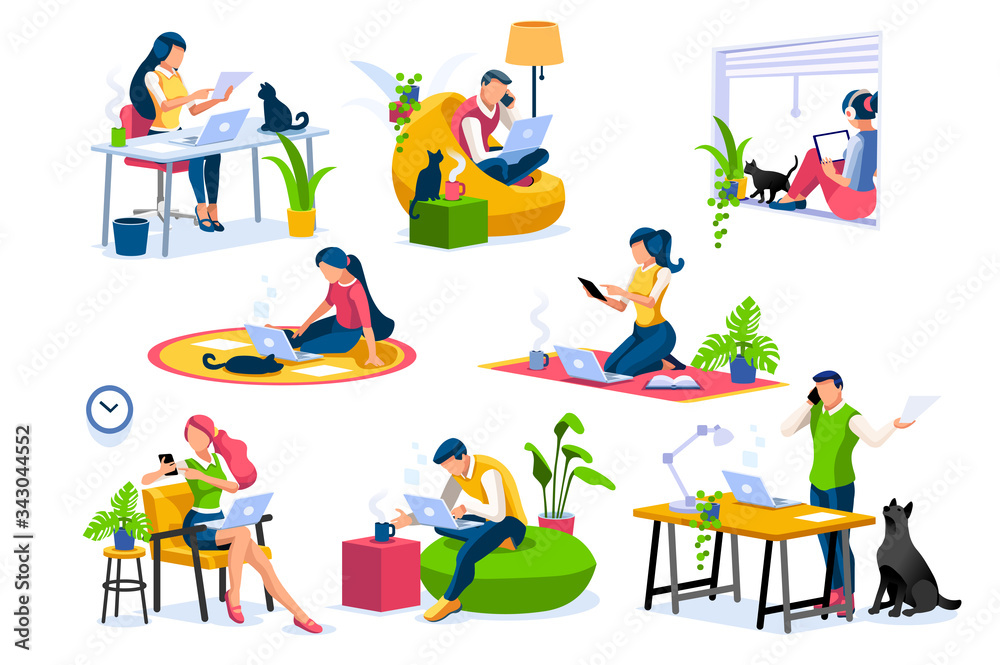 Obraz premium Trendy homes studio at woman home. Work on trendy computer in a young space working with style on laptop. Concept of working, woman isolation at home. Cartoon character on vector illustration concepts
