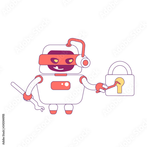 Hacker robot red linear object. Bad bot breaking lock thin line symbol. Password hacking software, artificial intelligence technology isolated outline illustration on white background