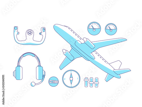 Aviation items turquoise linear objects set. Airplane, steering wheel and dashboard, aviator tools thin line symbols pack. Pilot equipment isolated outline illustrations on white background