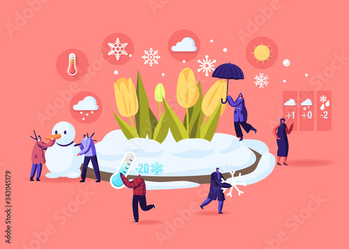 Freezing Spring and Climate Change Concept. Tiny Male and Female Characters Walking near Flower Bed Covered with Snow. People Carry Thermometer and Umbrella, Make Snowman. Cartoon Vector Illustration