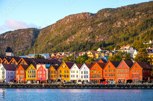 Bergen, Norway - Panoramic view of historic Bryggen district at the Bergen harbor with Floyen Mountain in background