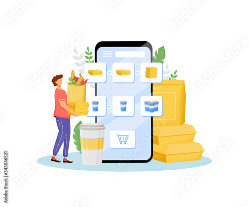 Online grocer special offer flat concept vector illustration. Products buyer, customer with greens and fast food 2D cartoon character for web design. Food ordering, free lunch creative idea