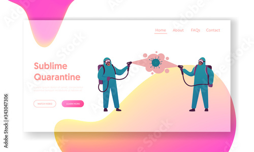 Coronavirus Contamination Disinfection Landing Page Template. Human Characters in Hazmat Suits Spraying Antibacterial Liquid on Huge Covid19 Cell in Air, Pandemic. Cartoon People Vector Illustration