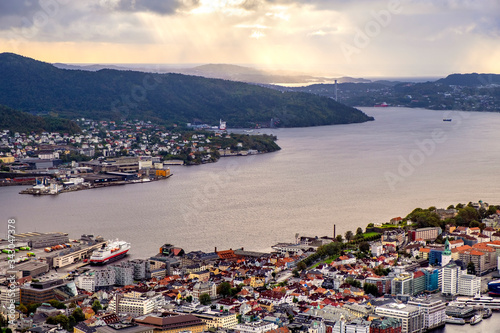 Bergen, Norway - Panoramic city view with Bergen Vagen harbor - Bergen Havn - and historic Bryggen heritage district seen from Mount Floyen