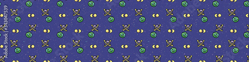 Cute cosmic space background seamless vector border. Hand drawn galaxy cartoon, planets, stars for trendy fashion prints. Child room decor, kids universe travel backdrop. Solar system all over print.