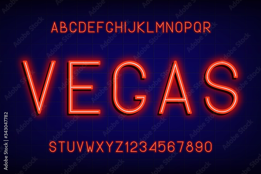 Neon glowing font. Alphabet with english letters and numbers with neon light effect. Vector illustration. Neon glowing font. Alphabet with english letters and numbers with neon light effect. Vector illustration.