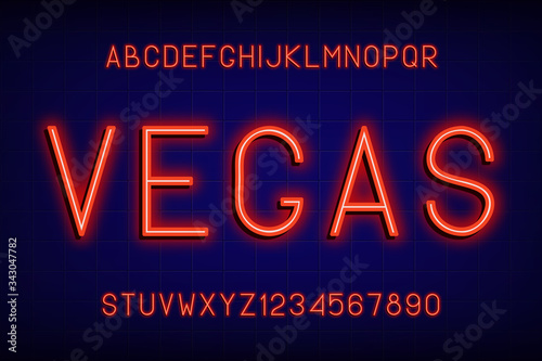 Neon glowing font. Alphabet with english letters and numbers with neon light effect. Vector illustration.