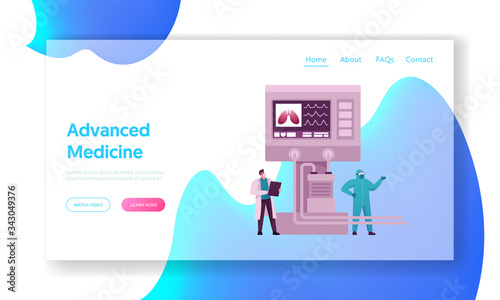 Covid-19 and Coronavirus Identification Landing Page Template. Doctor Characters in Intensive Care Emergency Room with Artificial Oxygen Lung Ventilation Monitor. Cartoon People Vector Illustration