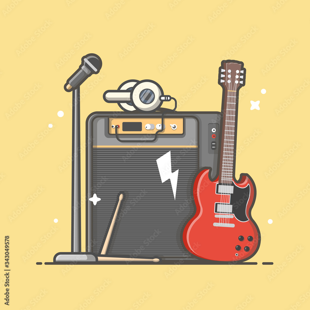 Music Instrument Concert Perform with Guitar, Microphone, Drum and  Headphone Vector Illustration. Flat Cartoon Style Suitable for Web Landing  Page, Banner, Flyer, Sticker, Wallpaper, Card, Background Stock Vector |  Adobe Stock