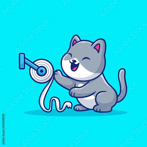 Cute Cat Play Toilet Tissue Paper Vector Icon Illustration. Mascot Cartoon Character. Animal Icon Concept White Isolated. Flat Cartoon Style Suitable for Web Landing Page, Banner, Flyer, Sticker, Card