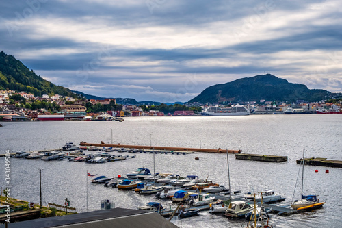 Bergen, Norway - Panoramic view of Bergen harbor - Bergen Havn - with ships, yachts and Bergen hills in the background © Art Media Factory
