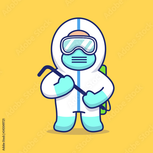 Cute Disinfectant Man Vector Icon Illustration. Corona Mascot Cartoon Character. Person Icon Concept White Isolated. Flat Cartoon Style Suitable for Web Landing Page, Banner, Flyer, Sticker, Card