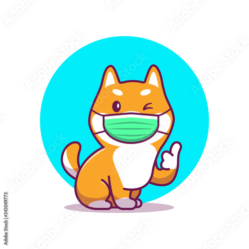 Cute Shiba Inu Wear Mask Cartoon Vector Icon Illustration. Animal Mascot Character. Health Animal Icon Concept White Isolated. Flat Cartoon Style Suitable for Web Landing Page, Banner, Flyer, Sticker