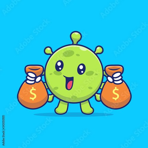 Cute Virus With Coin Money Vector Icon Illustration. Corona Mascot Cartoon Character. Virus Icon Concept White Isolated. Flat Cartoon Style Suitable for Web Landing Page, Banner, Flyer, Sticker, Card