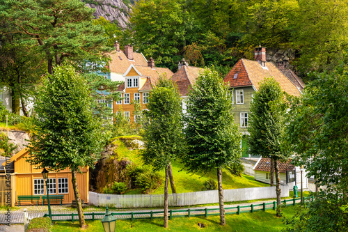 Bergen, Norway - Reconstructed XIX century Norwegian city street with wooden houses in Old Bergen Museum - Gamle Bergen Museum - heritage park photo