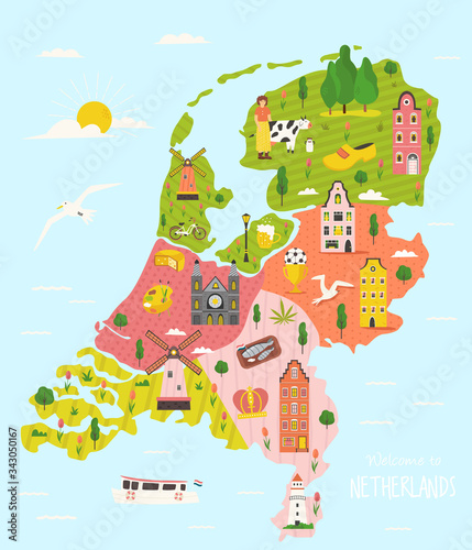 Illustrated map of Netherlands with famous symbols