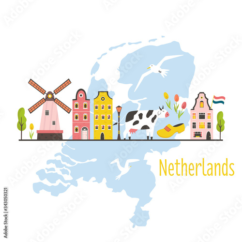 Tourist poster, card with symbols of Netherlands