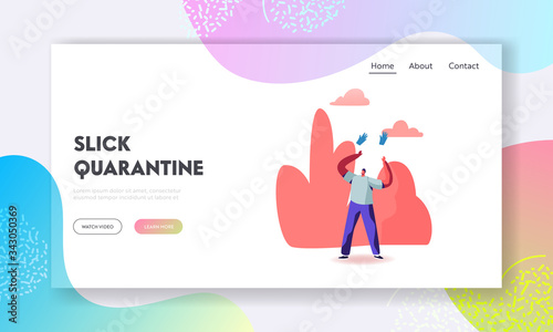 Coronavirus Quarantine End Landing Page Template. Happy Male Character Throw in Air Medical Gloves Celebrate Covid19 Pandemic Finish. Happiness, Stop Lockdown, Victory. Cartoon Vector Illustration