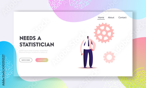 Man Workaholic Routine, Science Statistics Landing Page Template. Male Character Stand at Gears and Cogwheel. Hard Working Businessman Time or Work Process Concept. Cartoon Vector Illustration