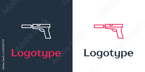 Logotype line Pistol or gun with silencer icon isolated on white background. Logo design template element. Vector Illustration