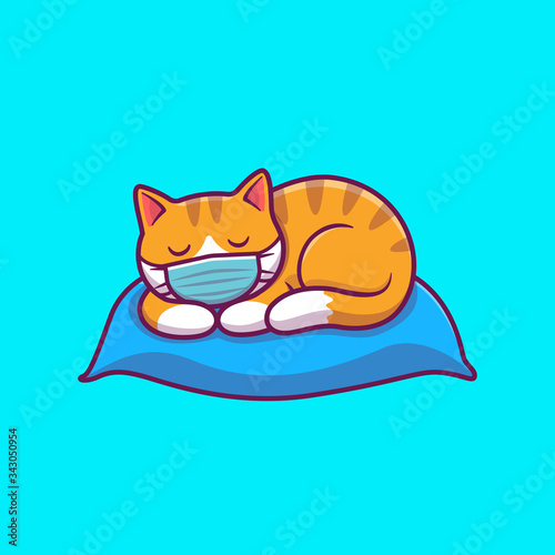 Cute Cat Sleeping On Pillow Vector Icon Illustration. Cat Mascot Cartoon Character. Animal Icon Concept White Isolated. Flat Cartoon Style Suitable for Web Landing Page, Banner, Flyer, Sticker, Card