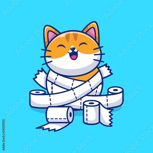 Cute Cat Play Toilet Tissue Paper Vector Icon Illustration. Mascot Cartoon Character. Animal Icon Concept White Isolated. Flat Cartoon Style Suitable for Web Landing Page, Banner, Flyer, Sticker, Card