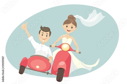 Funny newlyweds on a scooter with sidecar. Vector illustration, card, bride and groom in a hurry on a journey