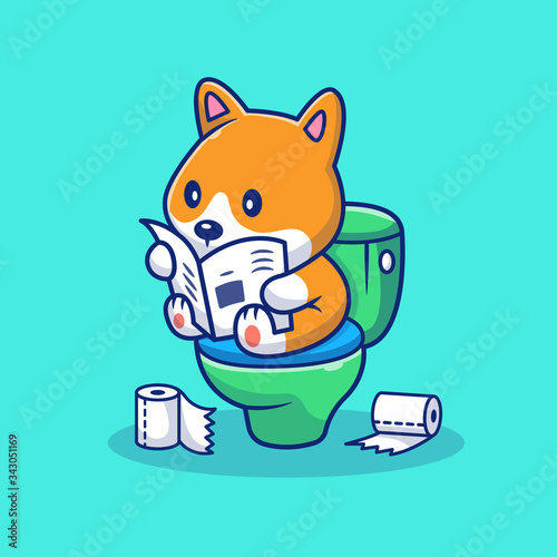 Cute Corgi Pooping On Toilet Vector Icon Illustration. Dog Mascot Cartoon Character. Animal Icon Concept White Isolated. Flat Cartoon Style Suitable for Web Landing Page, Banner, Flyer, Sticker, Card