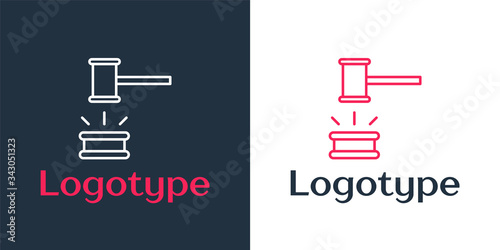 Logotype line Judge gavel icon isolated on white background. Gavel for adjudication of sentences and bills, court, justice. Auction hammer. Logo design template element. Vector Illustration