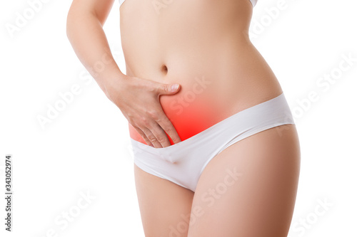 Woman with abdominal pain, stomachache isolated on white background