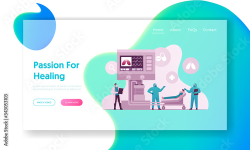 Mechanical Lungs Ventilation Landing Page Template. Doctor Characters Control Diseased Patient Lying in Chamber with Breething Machine, Coronavirus Pandemic. Cartoon People Vector Illustration