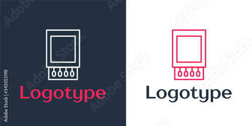 Logotype line Open matchbox and matches icon isolated on white background. Logo design template element. Vector Illustration
