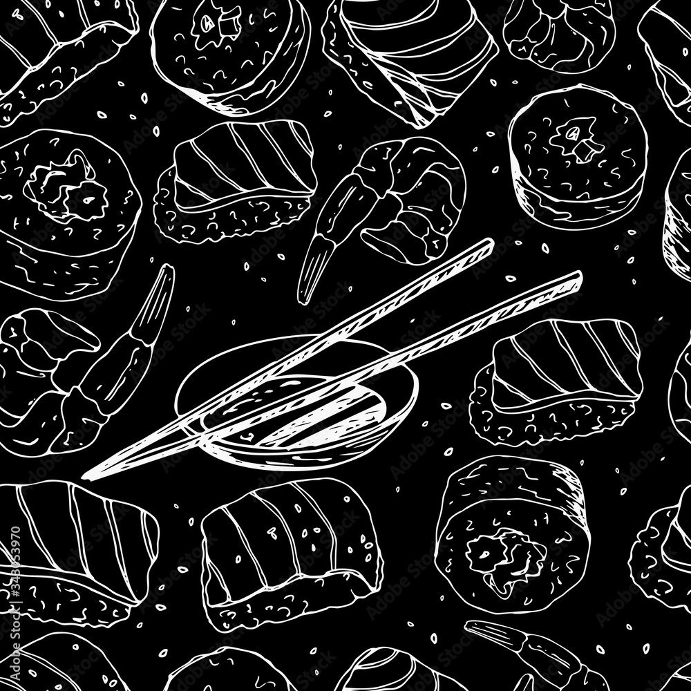 Japanese food pattern white in sketch style on black background. Chalk Illustration
