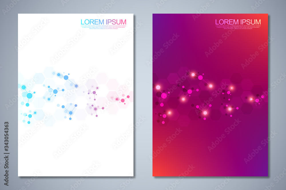 Templates brochure or cover book, page layout, flyer design with abstract background of molecular structures and DNA strand. Concept and idea for innovation technology, medical research, science.