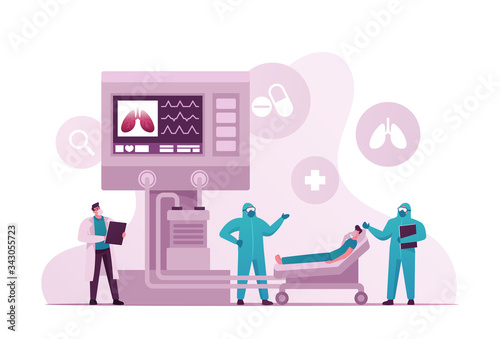 Doctor Characters Wear Protective Costumes Control Diseased Patient Lying in Chamber with Artificial Mechanical Lungs Ventilation Machine, Coronavirus Pandemic. Cartoon People Vector Illustration