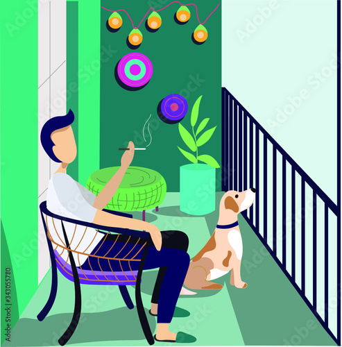 A man is Smoking on the balcony. A man and a dog are resting. Walk on the balcony. Quarantine