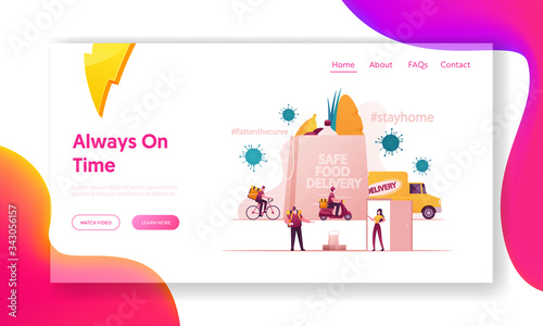 Safe Food Delivery Landing Page Template. Courier Characters Delivering Grocery Order to Home of Customer During Coronavirus Pandemic Use Bike, Scooter, on Foot. Cartoon People Vector Illustration