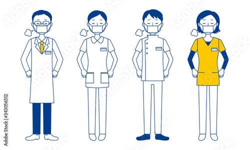 Illustration set of healthcare workers sighing (doctors, nurses, physiotherapists, radiologists) 