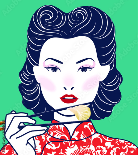 Retro Chinese Lady Holding Chopsticks. Vector, illustration