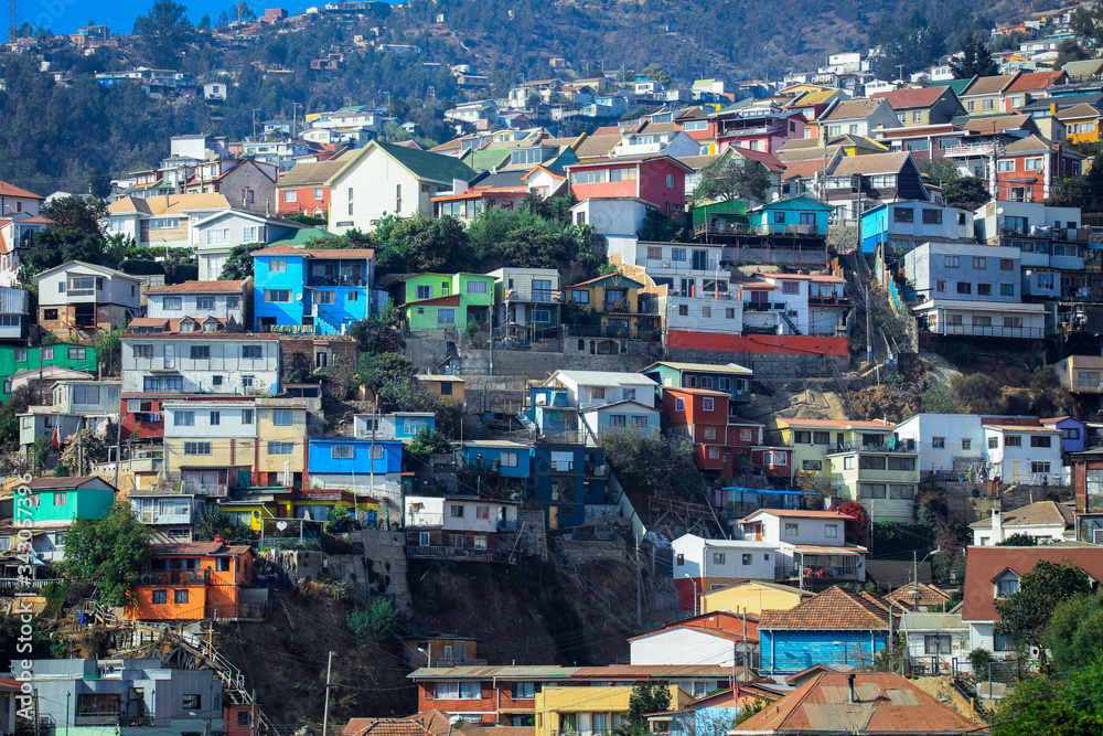 Colorful and Bright Houses on the Mountain Hills of Valparaiso, Chile