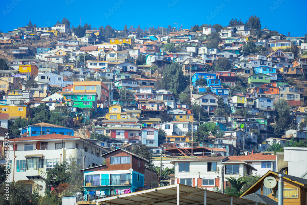 Colorful and Bright Houses on the Mountain Hills of Valparaiso, Chile